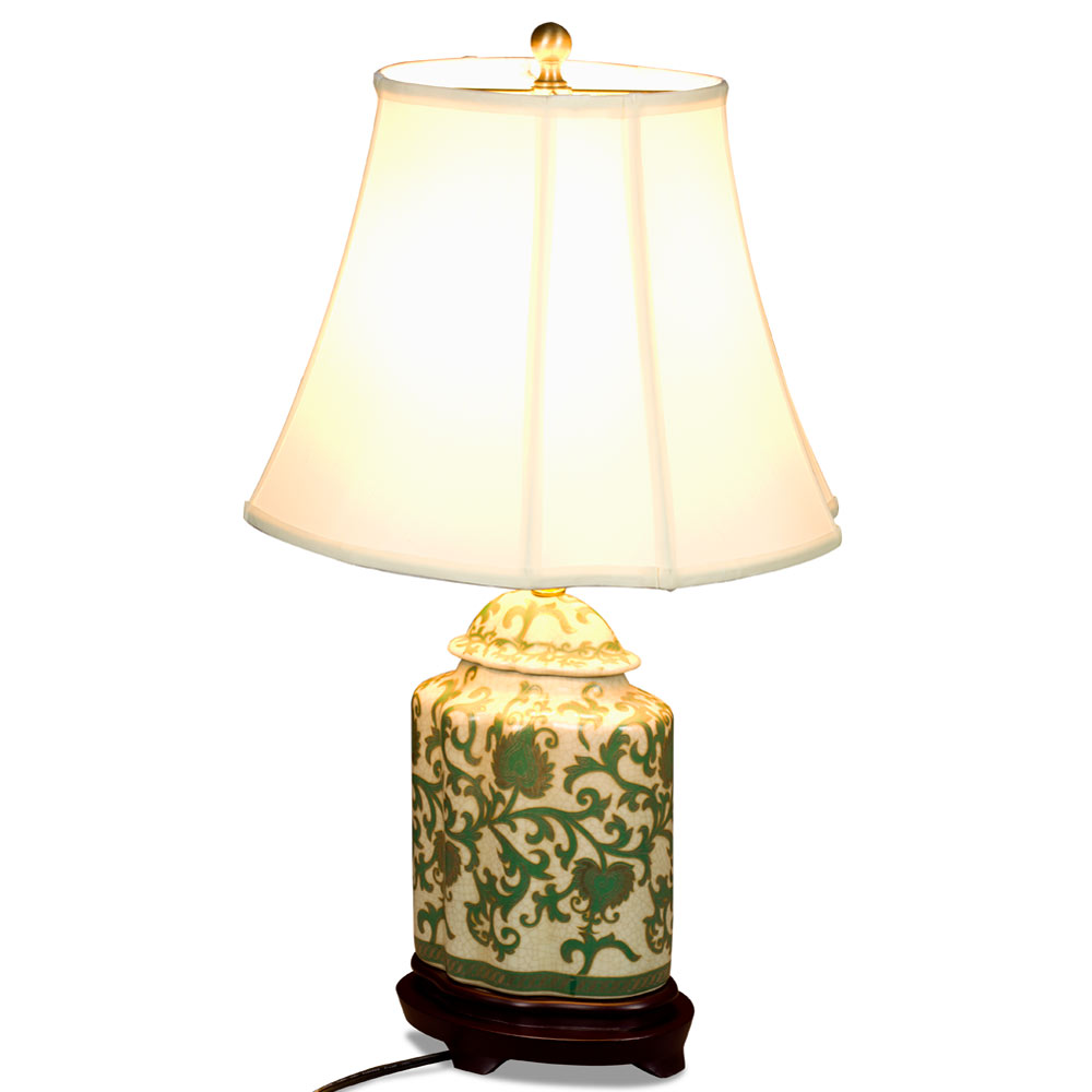 Green and Gold Floral Vine Motif Asian Porcelain Lamp