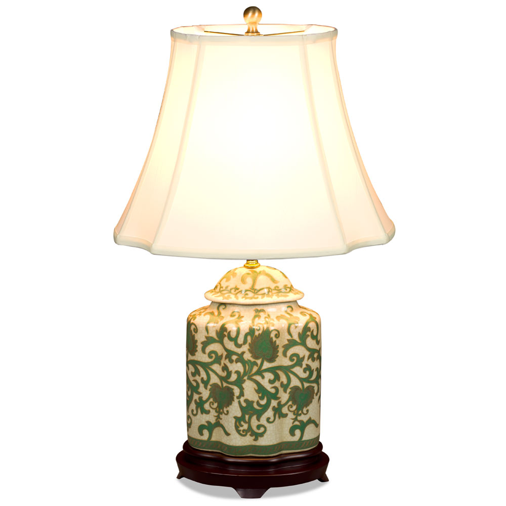 Green and Gold Floral Vine Motif Asian Porcelain Lamp