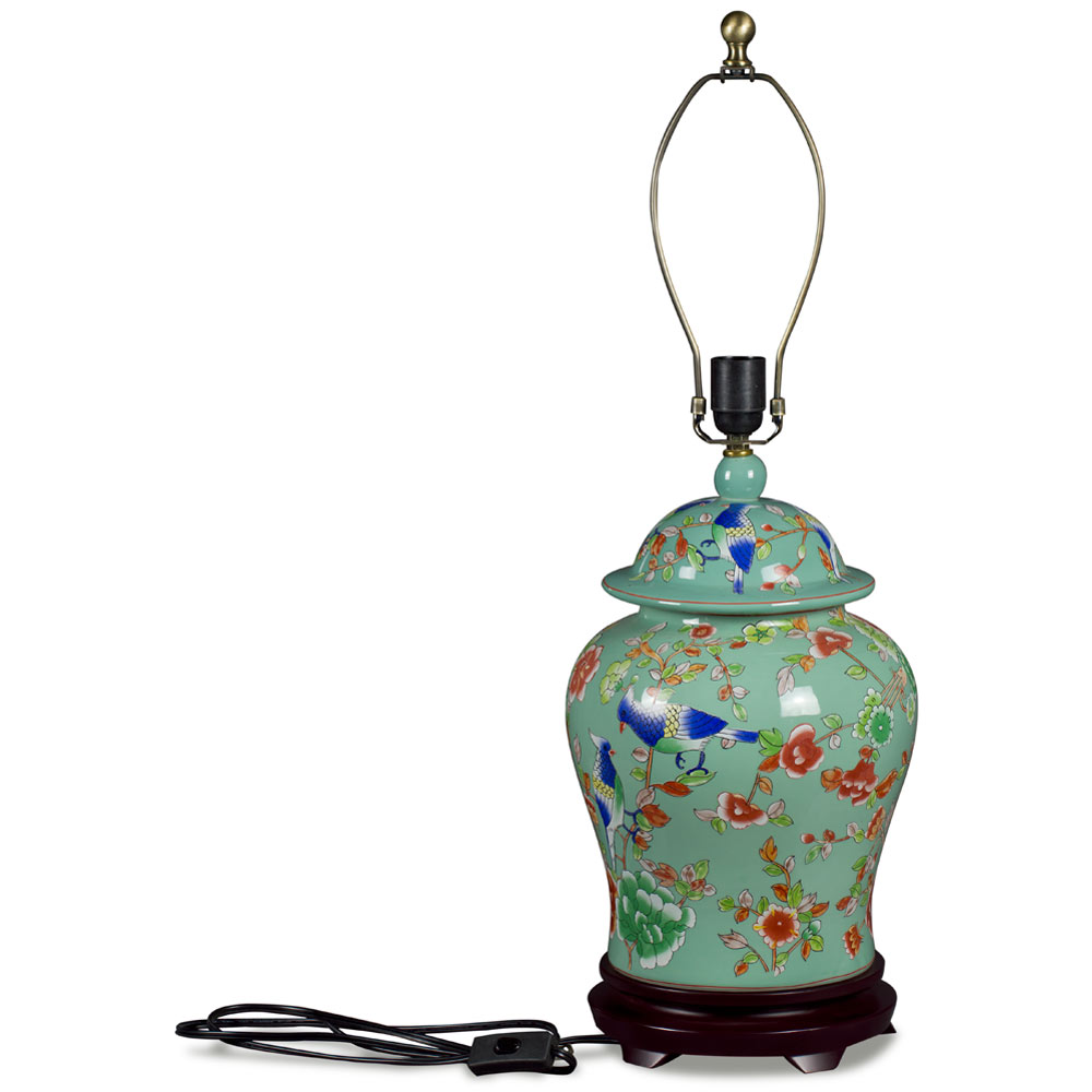 Light Teal Green Flower and Bird Motif Asian Porcelain Lamp