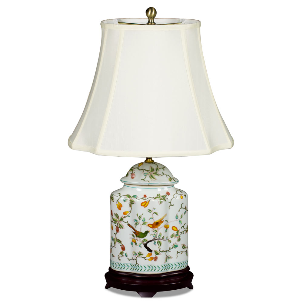 White Bird and Flower Motif Asian Porcelain Lamp
