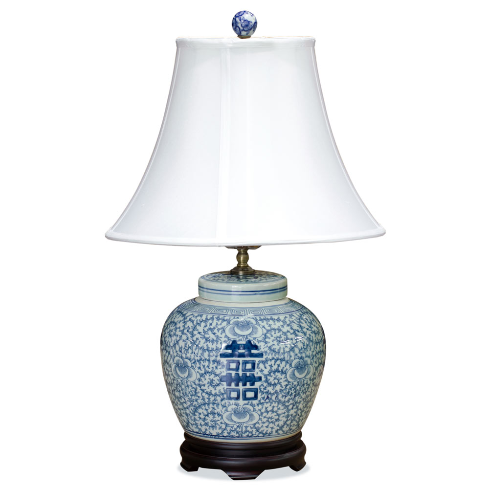 Blue and White Double Happiness Asian Porcelain Lamp