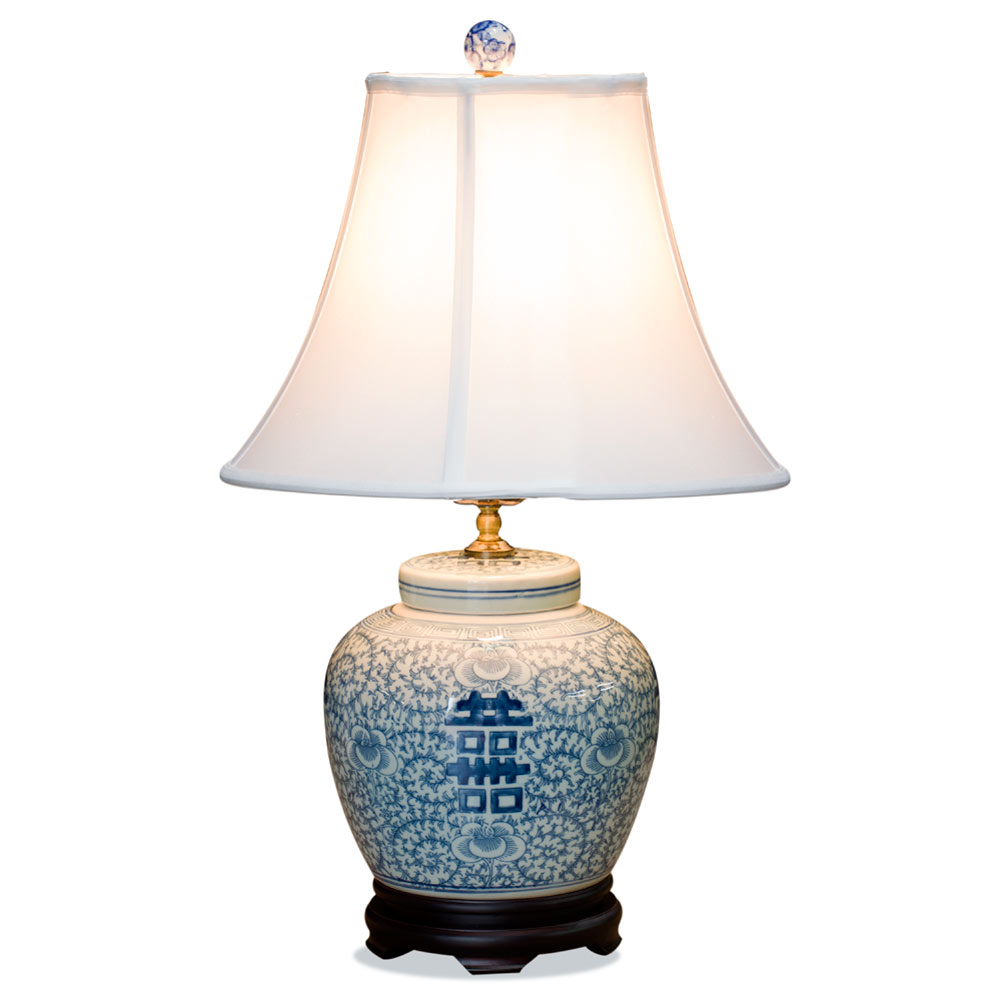 Blue and White Double Happiness Asian Porcelain Lamp