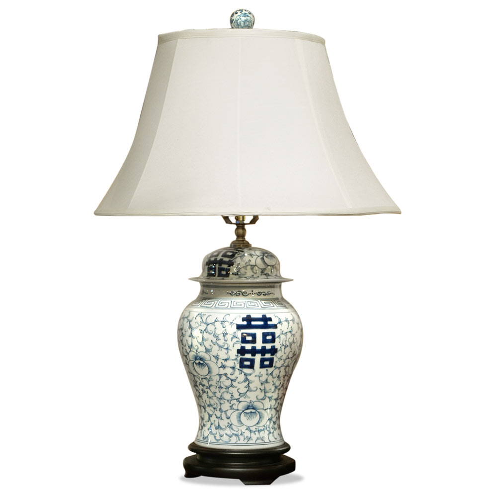Blue and White Chinese Double Happiness Porcelain Lamp
