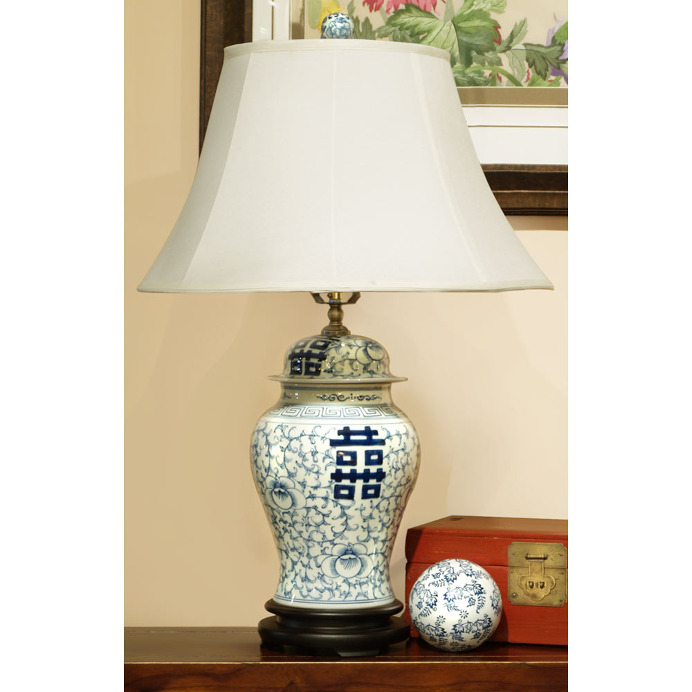Blue and White Chinese Double Happiness Porcelain Lamp