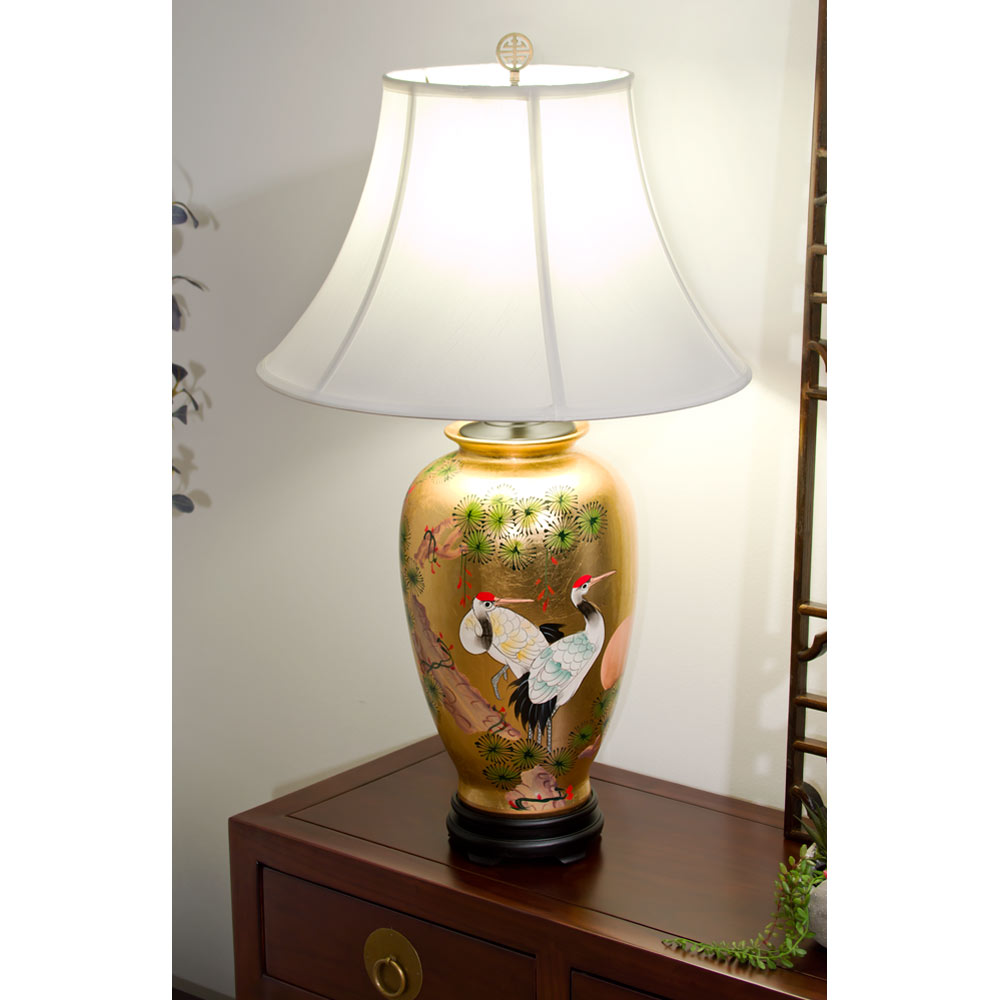 Gold Leaf Longevity Cranes Motif Asian Porcelain Lamp