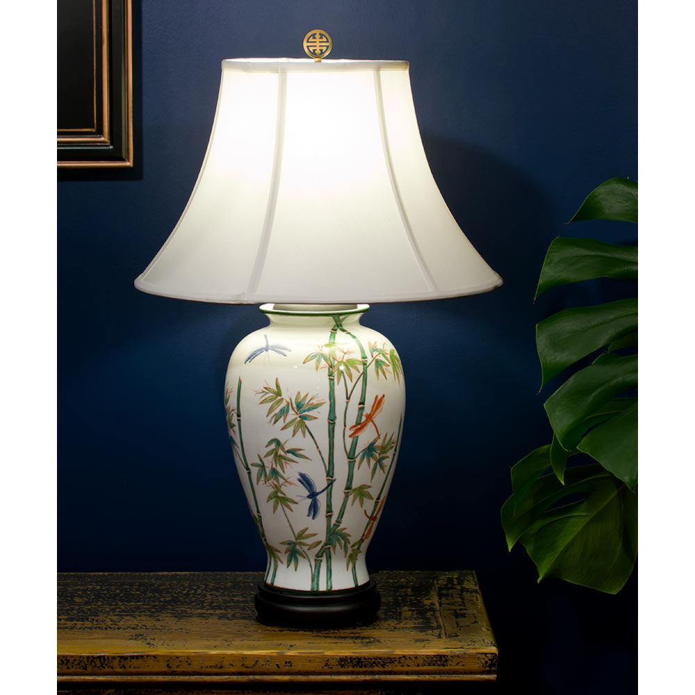 White Bamboo and Dragonfly Motif Chinese Porcelain Lamp