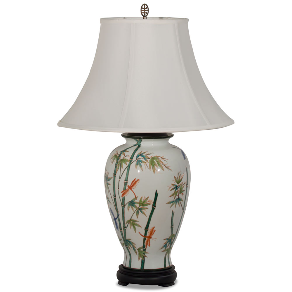 White Bamboo and Dragonfly Motif Chinese Porcelain Lamp