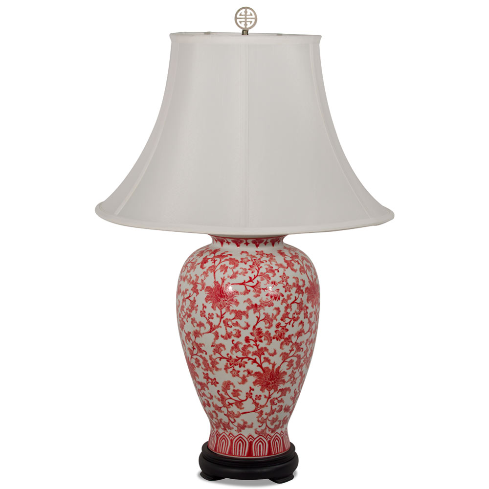Red and White Peony Motif Asian Porcelain Lamp