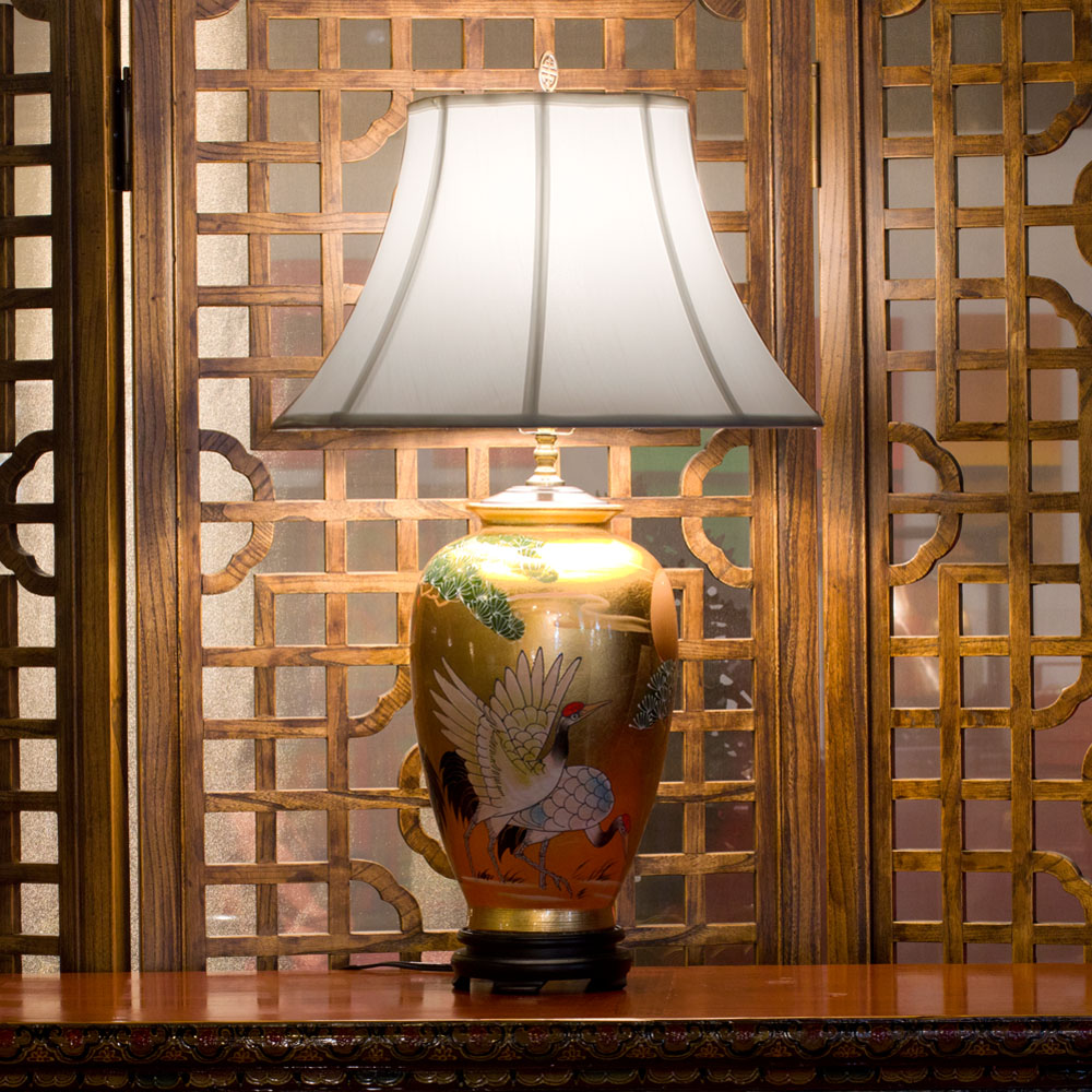 Gold Leaf Longevity Cranes Motif Chinese Ceramic Lamp