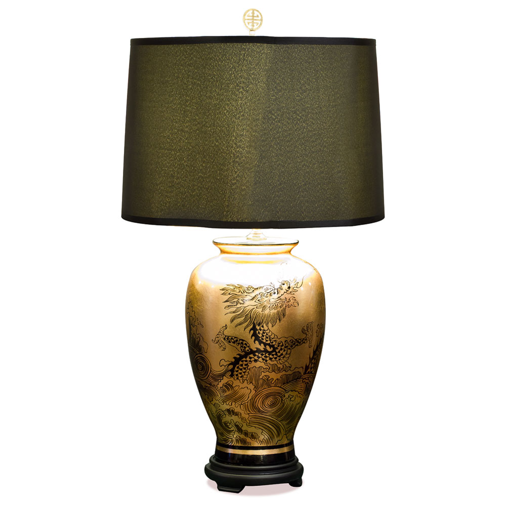 Gold Leaf Imperial Dragon Motif Chinese Ceramic Lamp