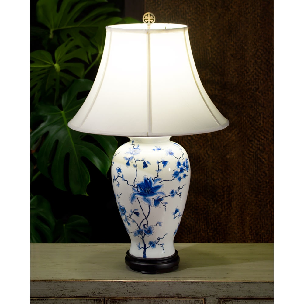 Blue and White Magnolia Motif Oriental Porcelain Lamp