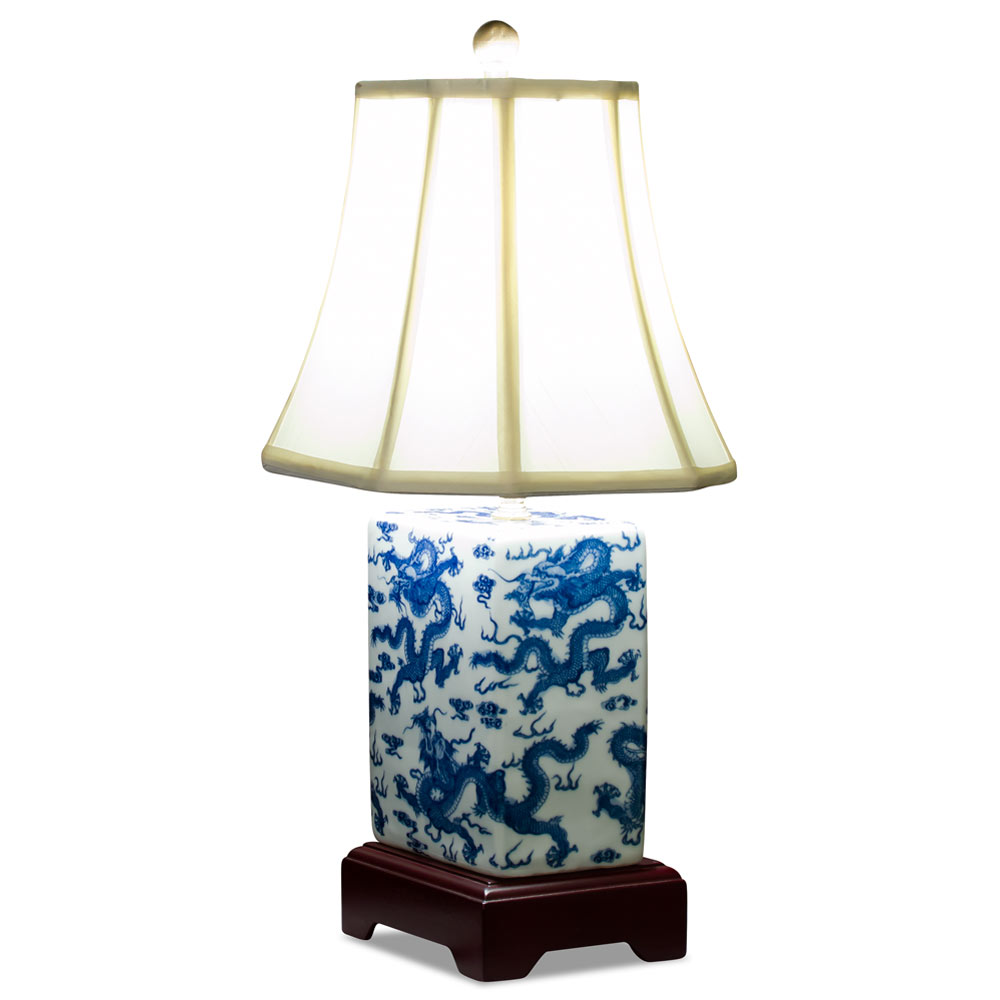 Blue and White Imperial Dragon Motif Asian Porcelain Lamp