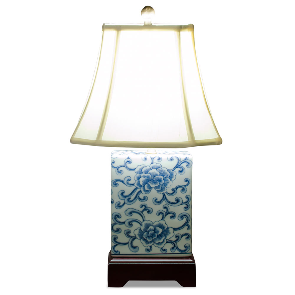 Blue and White Peony Motif Rectangular Asian Porcelain Lamp