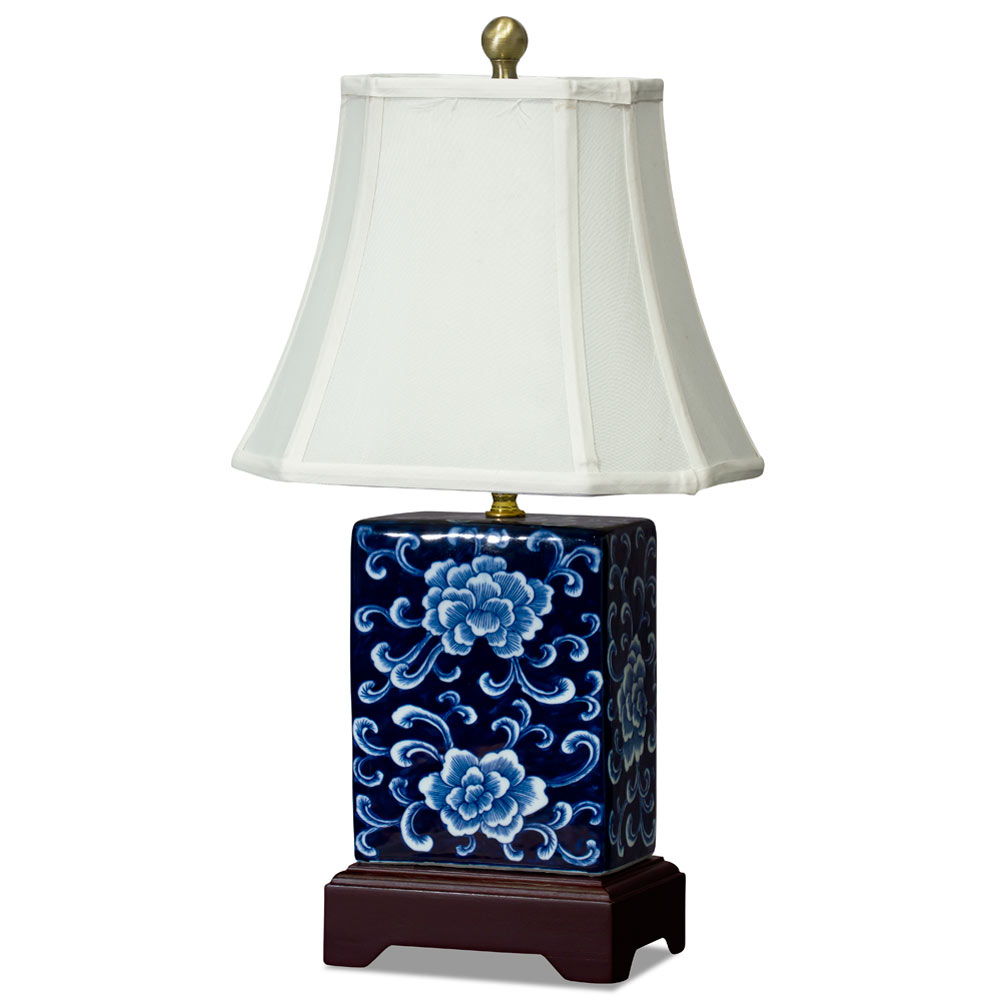 Dark Blue and White Peony Motif Rectangular Asian Porcelain Lamp