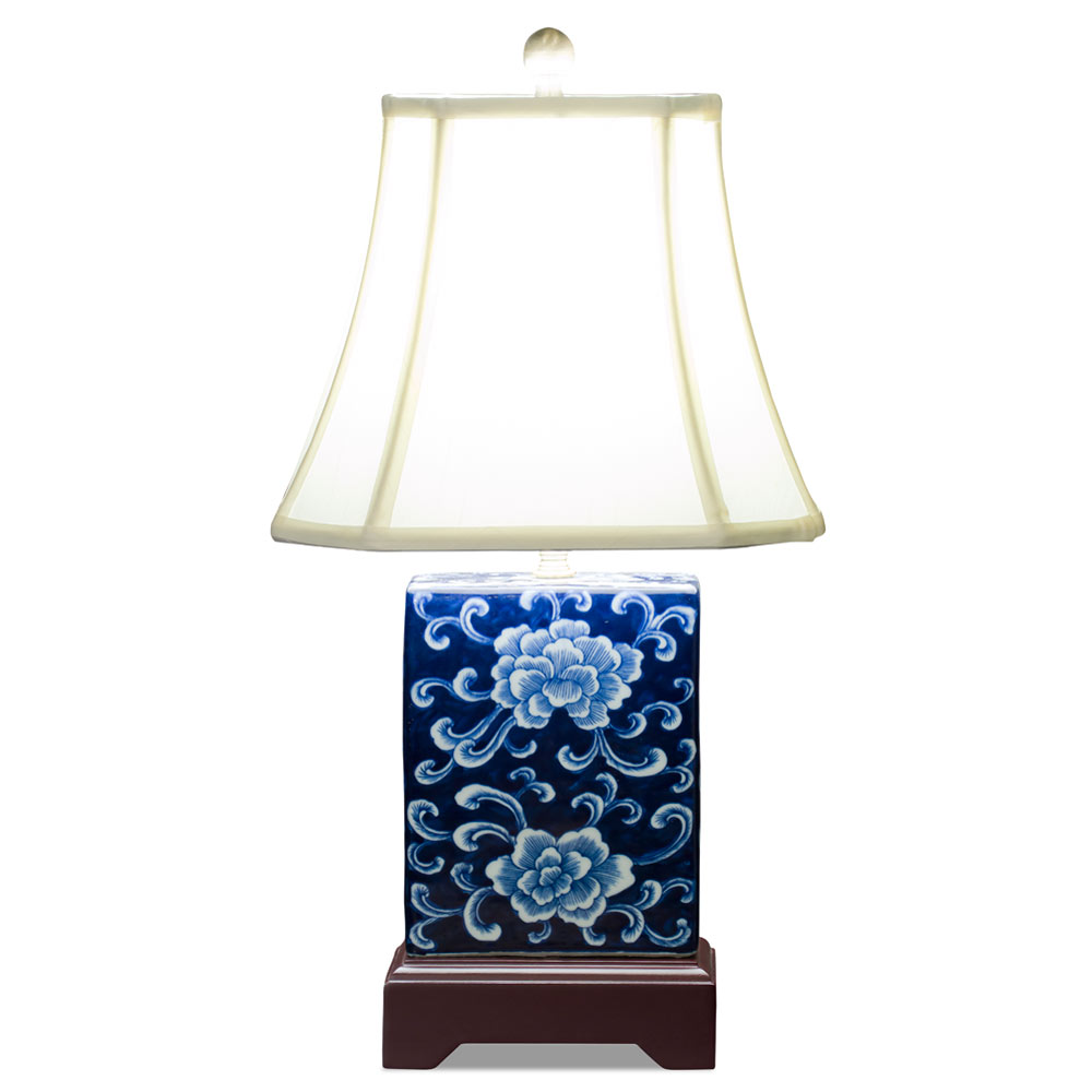 Dark Blue and White Peony Motif Rectangular Asian Porcelain Lamp