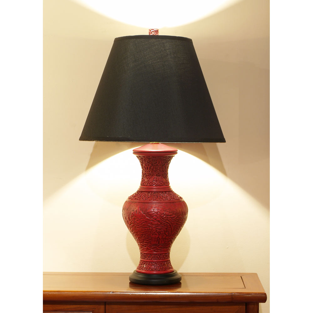 Red Cinnabar Vase Chinese Lamp with Black Shade