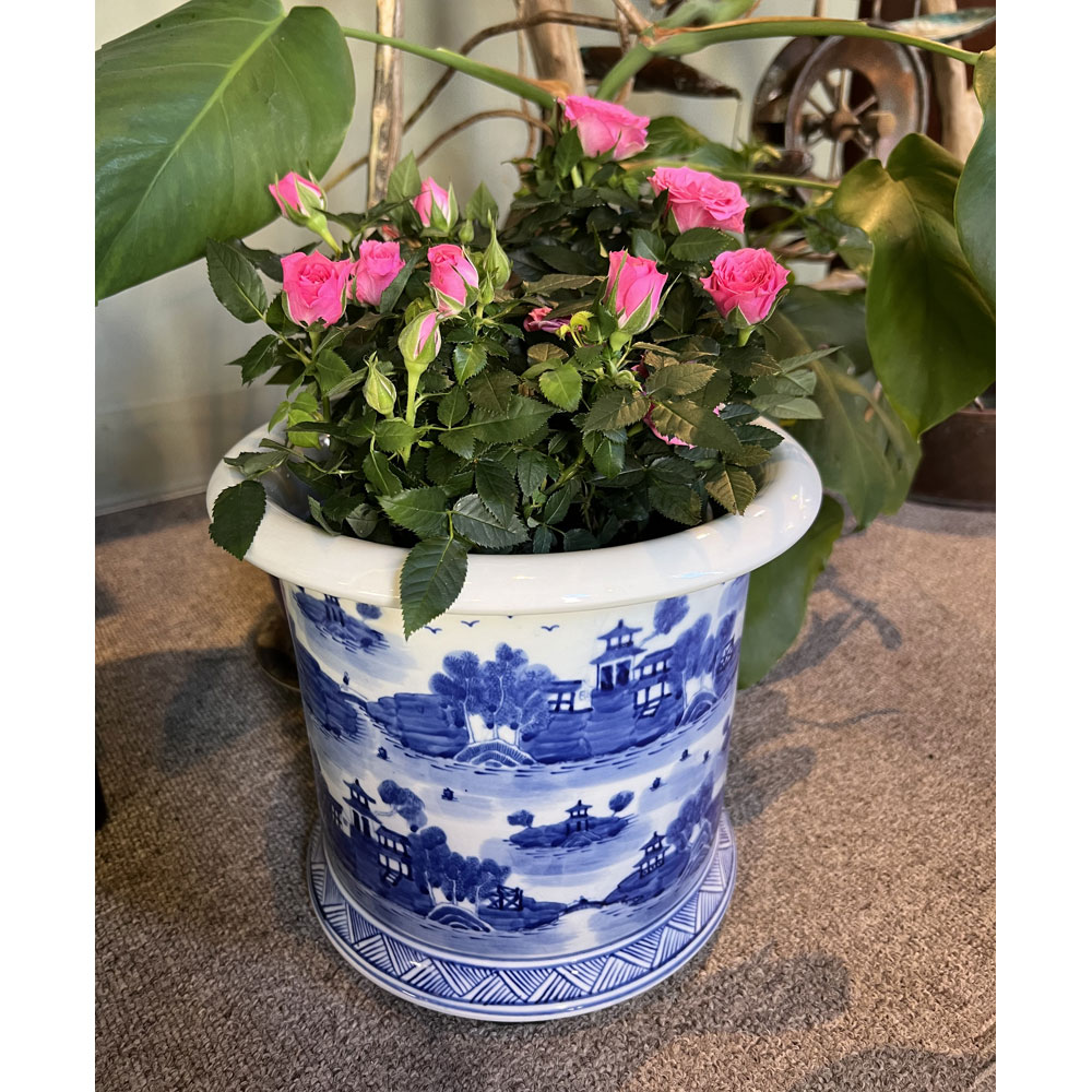 Blue and White Village Landscape Motif Porcelain Chinese Flower Planter