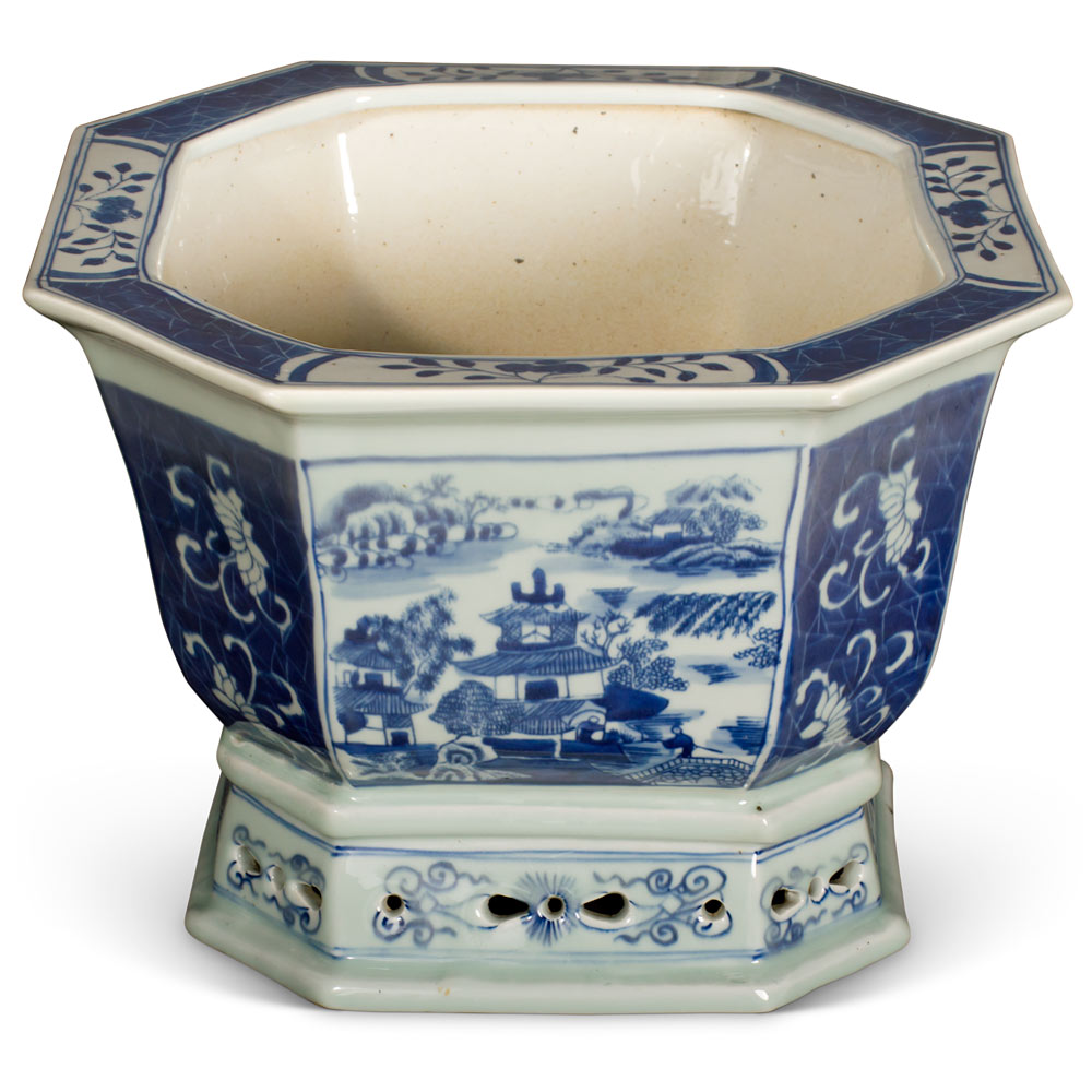 Octagonal Blue and White Landscape Motif Porcelain Chinese Flower Planter