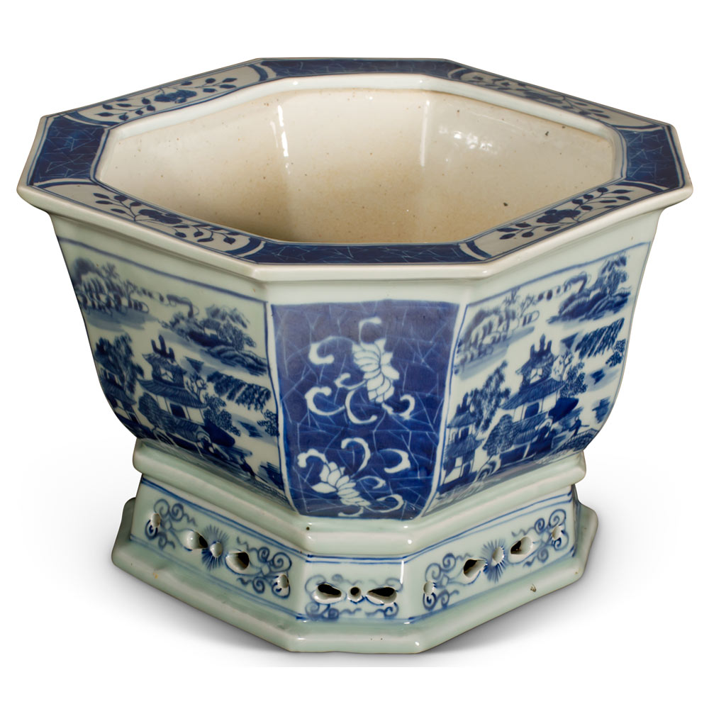 Octagonal Blue and White Landscape Motif Porcelain Chinese Flower Planter