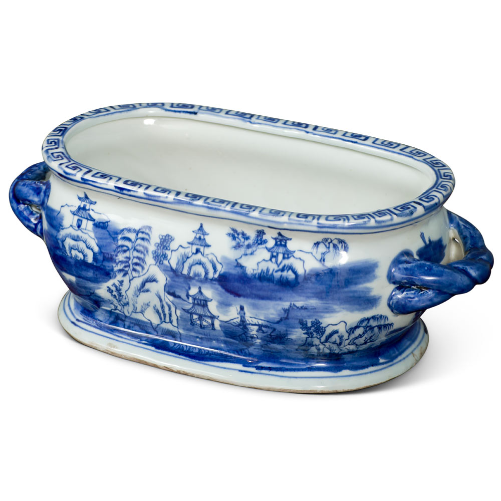 Blue and White Chinoiserie Motif Small Porcelain Footbath Planter