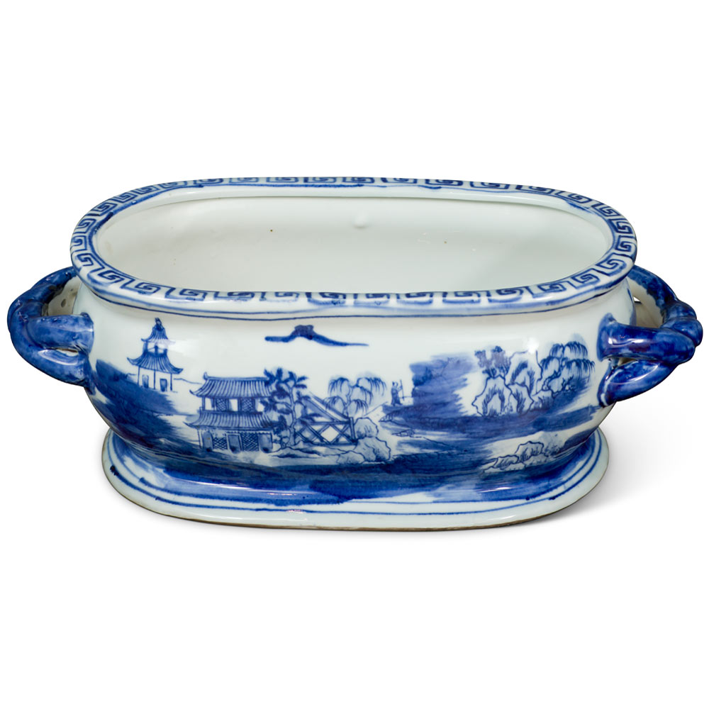 Blue and White Chinoiserie Motif Small Porcelain Footbath Planter