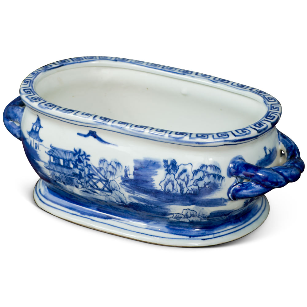 Blue and White Chinoiserie Motif Small Porcelain Footbath Planter