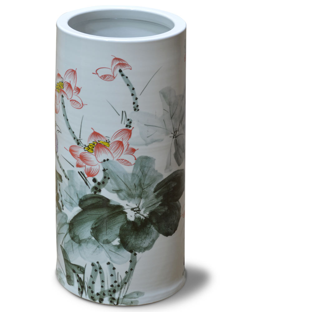 Hand Painted Green Lotus Design Asian Porcelain Umbrella Stand