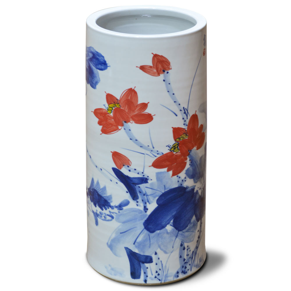 Hand Painted Blue and Red Lotus Design Asian Porcelain Umbrella Stand