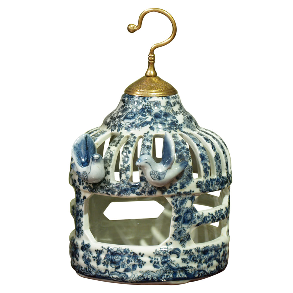 Blue and White Porcelain Bird Cage Asian Candle Holder