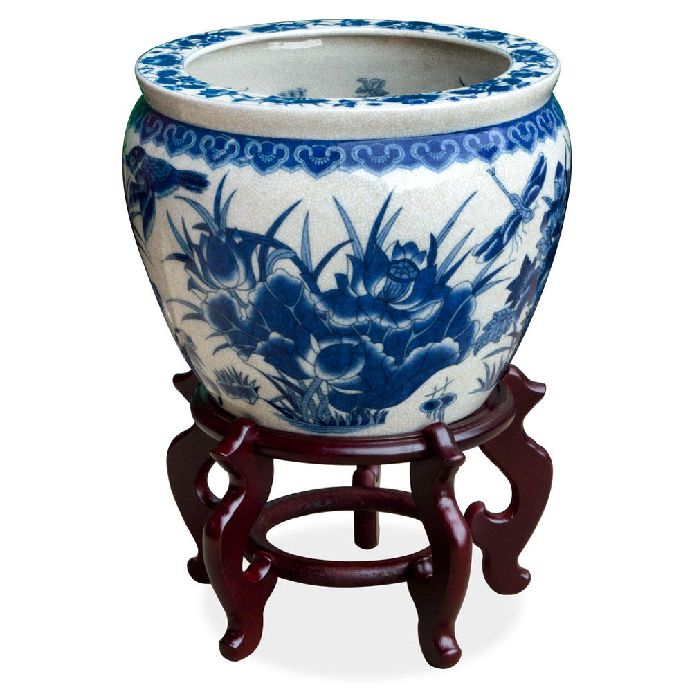 12 Inch Blue and White Porcelain Canton Chinese Fishbowl Planter