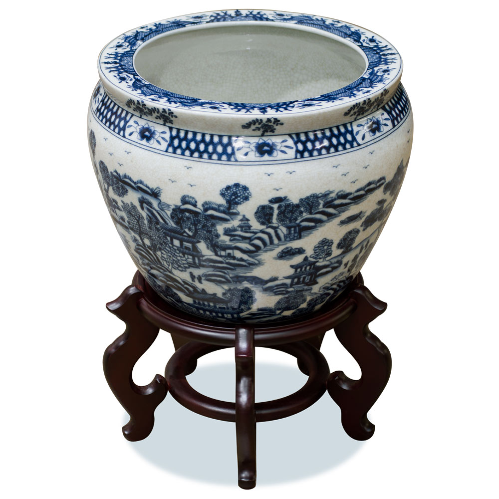 12 Inch Blue Canton Porcelain Chinese Fishbowl Planter