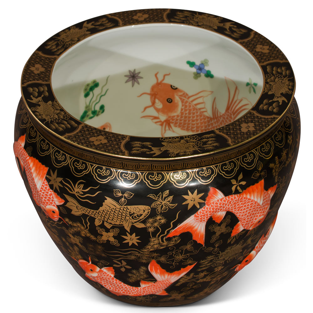 12 Inch Porcelain Koi Fish Motif Chinese Fishbowl Planter