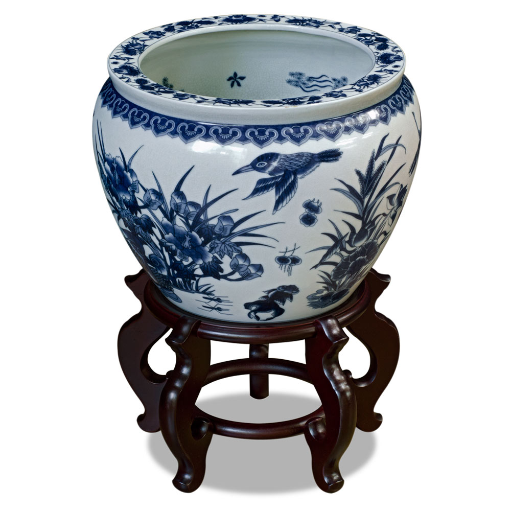 14 Inch Blue and White Porcelain Lotus Pond Chinese Fishbowl Planter