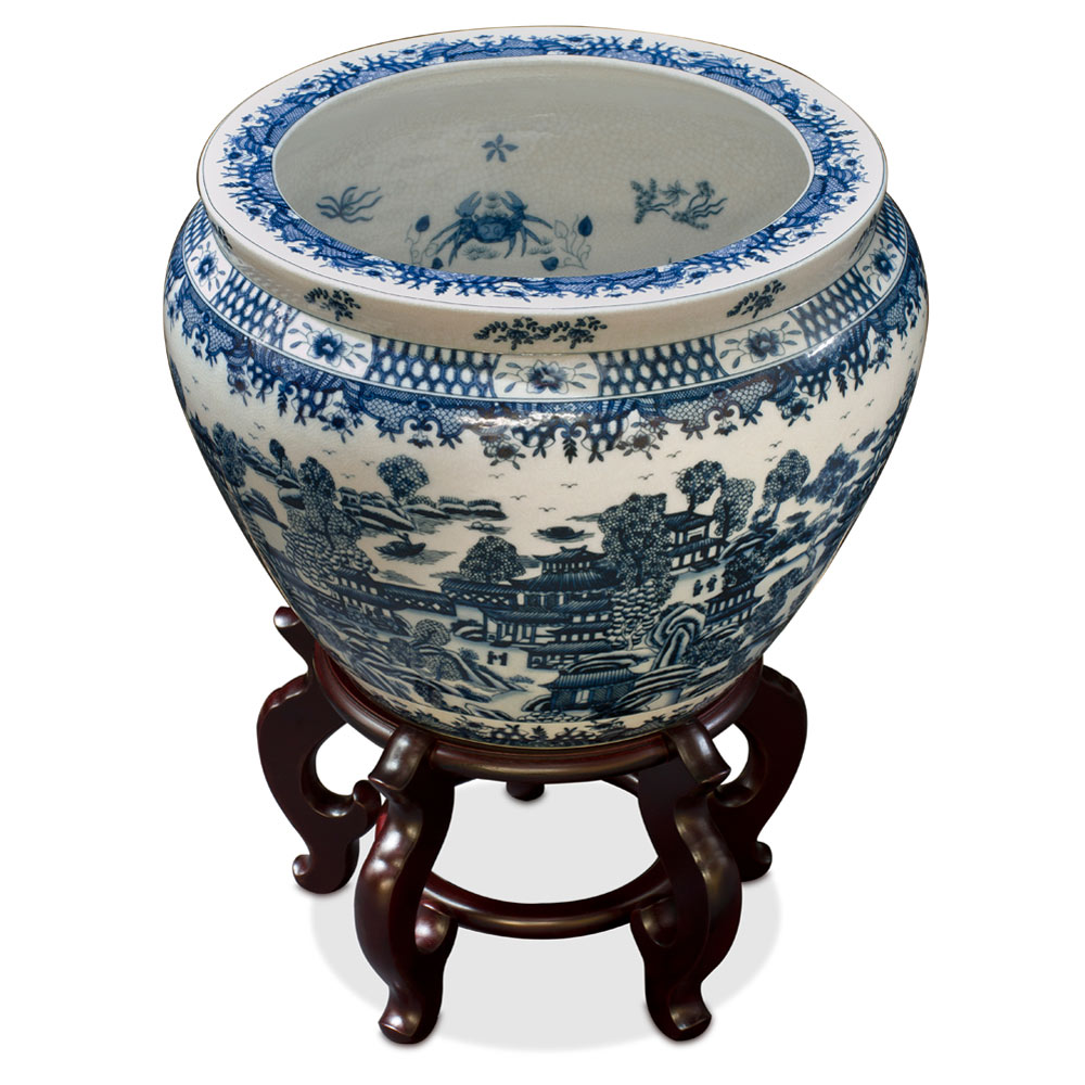 15 Inch Blue and White Porcelain Canton Scenery Oriental Fishbowl Planter