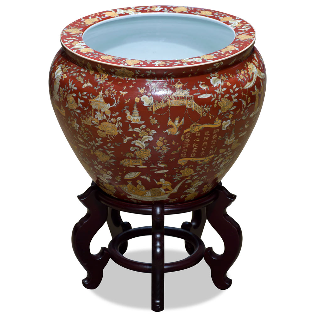 Hand Painted Dark Red Chinoiserie Motif Porcelain Chinese Fishbowl Planter