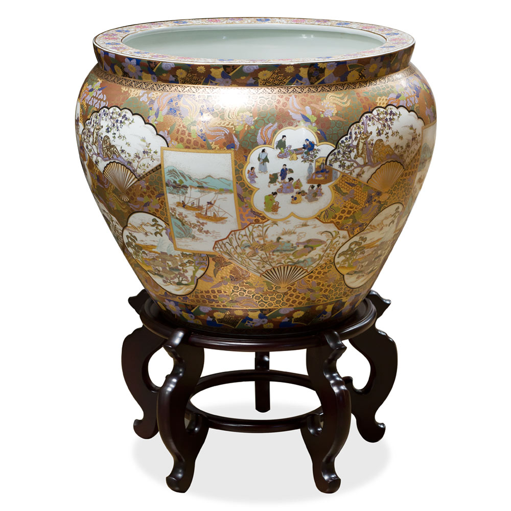 19.5 Inch Hand Painted Satsuma Design Porcelain Chinese Fishbowl Planter