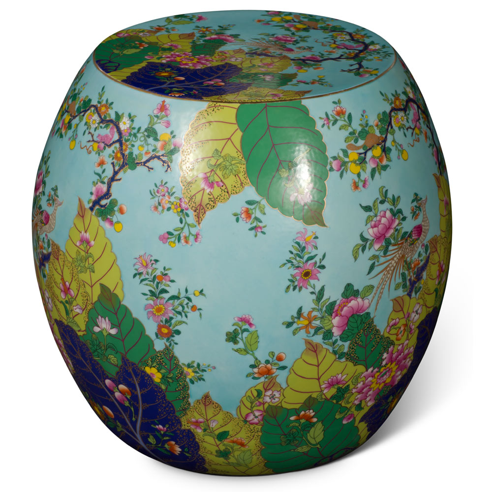 Azure Floral Bird and Flower Motif Porcelain Chinese Garden Stool