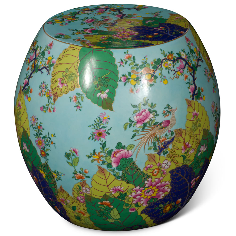 Azure Floral Bird and Flower Motif Porcelain Chinese Garden Stool