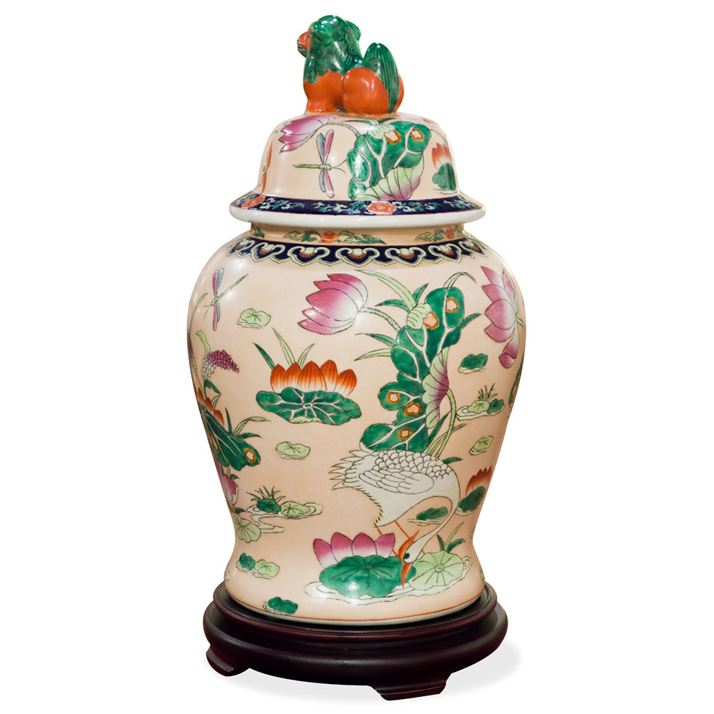 Prosperity Cranes and Lotus Motif Chinese Porcelain Jar