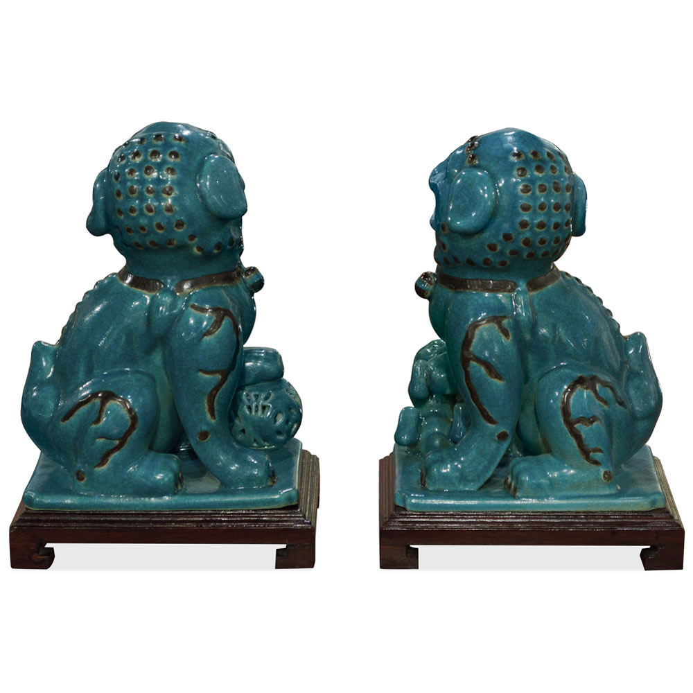 Blue Peking Temple Foo Dog Oriental Figurine Set