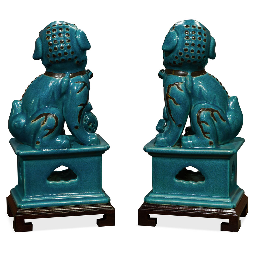 Blue Peking Temple Foo Dog Oriental Figurine Set