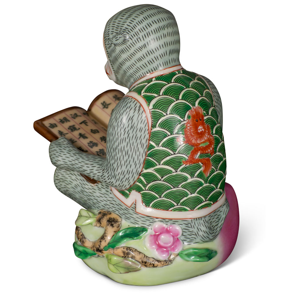 Green Porcelain Monkey Reading Book Figurine