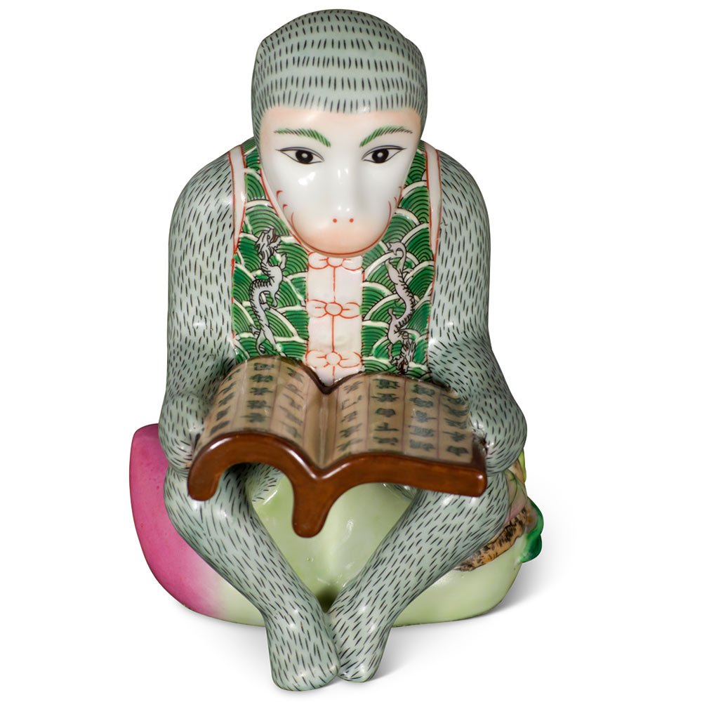 Green Porcelain Monkey Reading Book Figurine