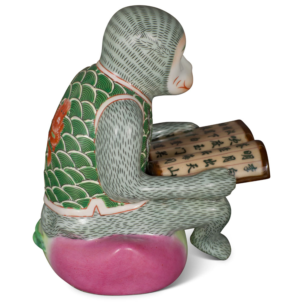 Green Porcelain Monkey Reading Book Figurine