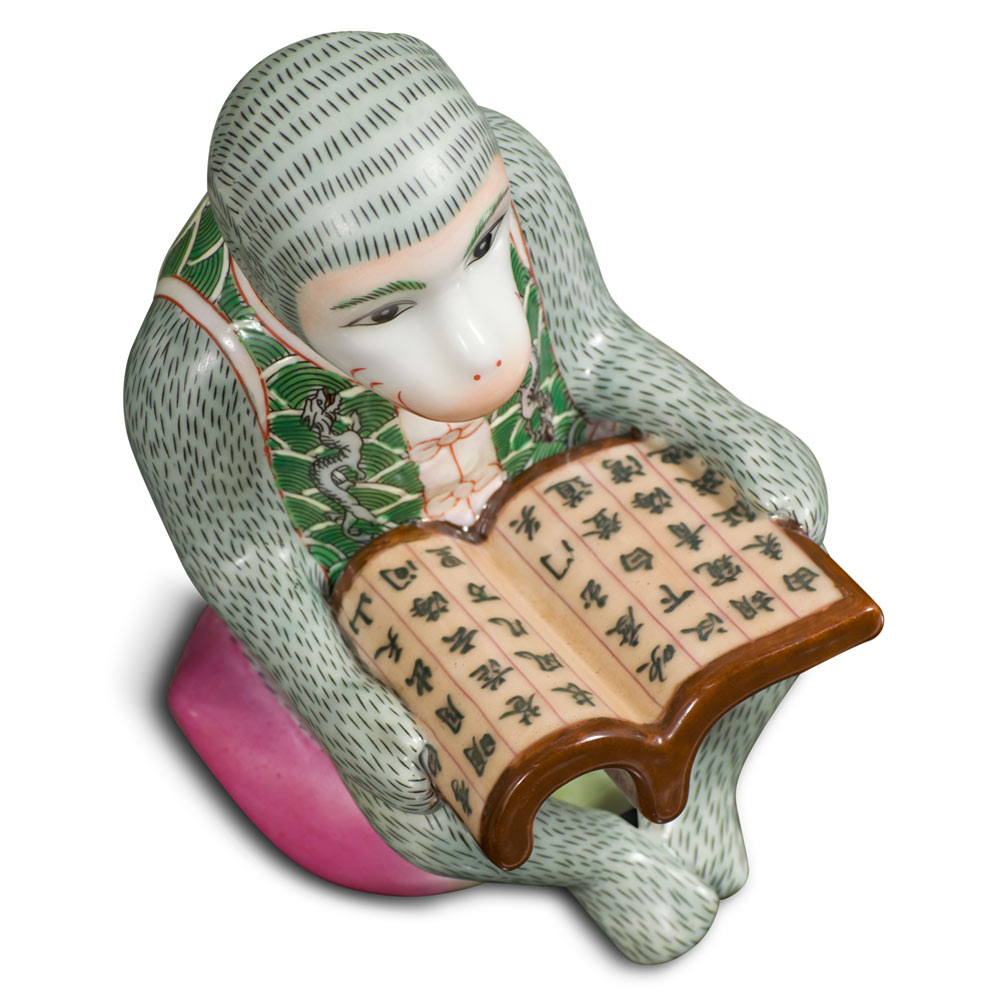 Green Porcelain Monkey Reading Book Figurine