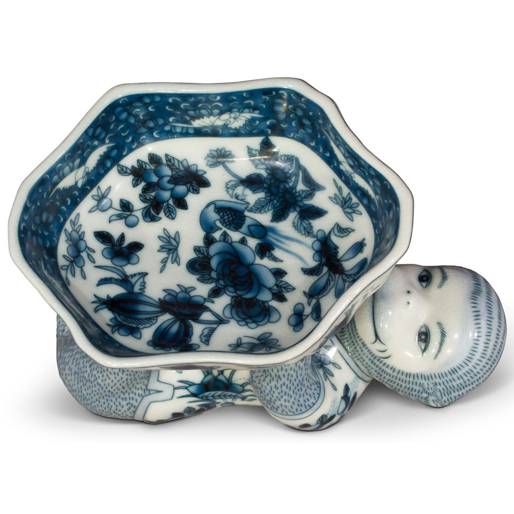 Blue and White Chinese Porcelain Monkey Holding Lotus Dish