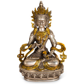 Silver Plated Tibetan Guan Yin Bodhisattva Buddha Statue