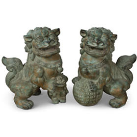 Hand Forged Grand Bronze Chinese Imperial Palace Foo Dogs Figurine Set