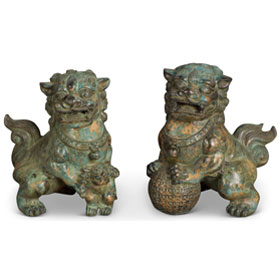 Hand Forged Bronze Chinese Imperial Palace Foo Dogs Figurine Set