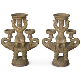 Ceramic Attendant on Elephants Candle Holder Set